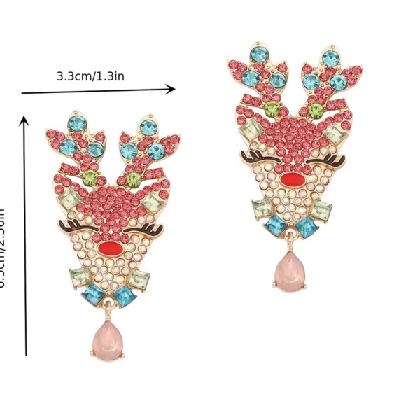 NWT Pink Christmas Reindeer Jeweled Hypoallergenic Earrings. - Picture 10 of 10